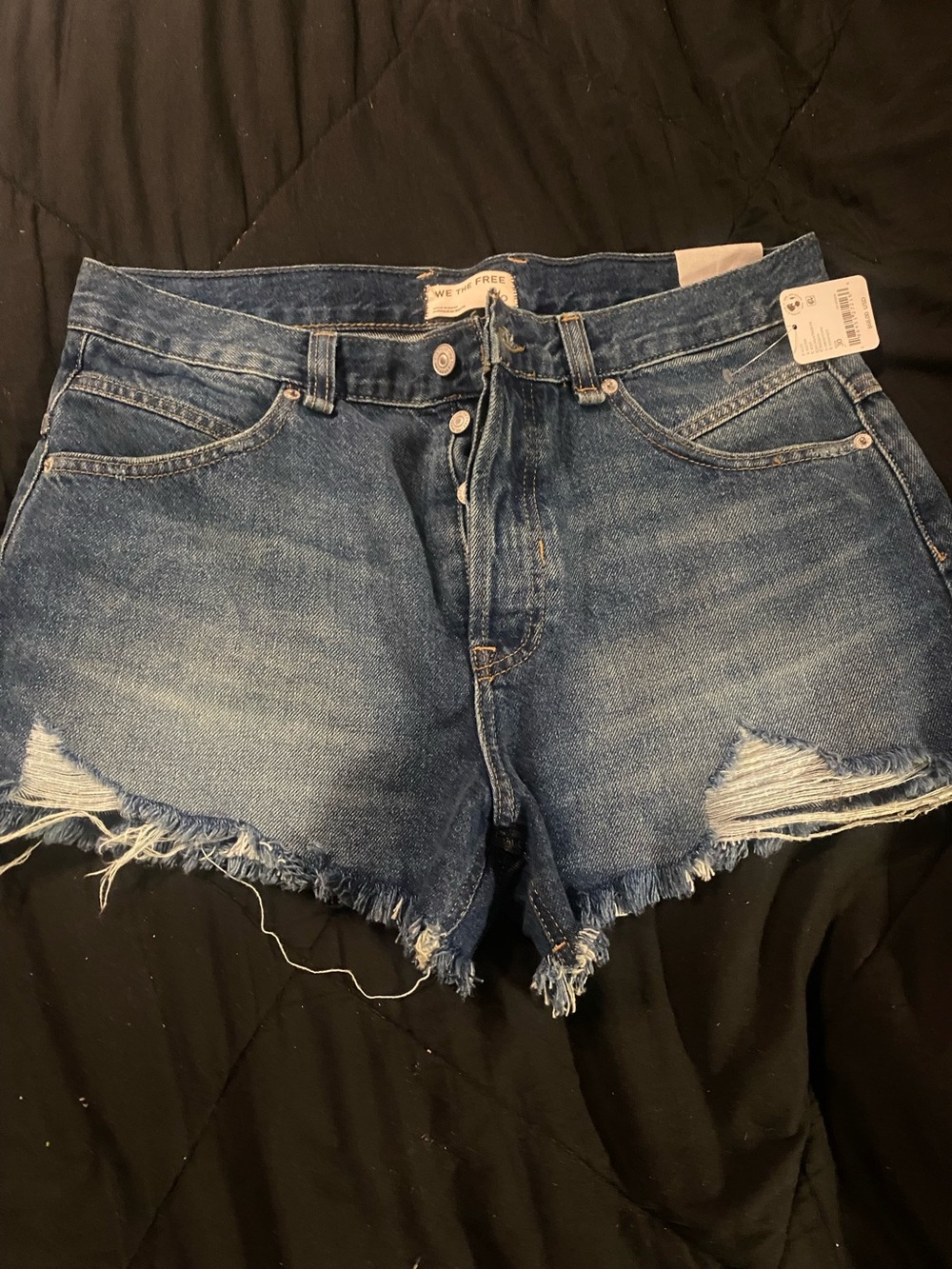 We The Free Frayed Mid-Blue Distressed Denim Shorts